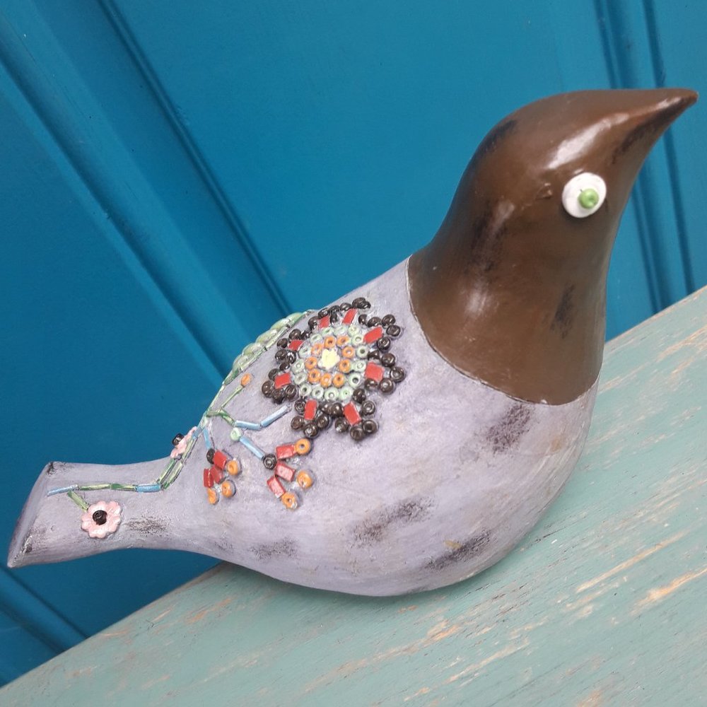 Carved Wood Bird Boho Hippie Decor Wooden Bird Figurine Embellished Beaded Art